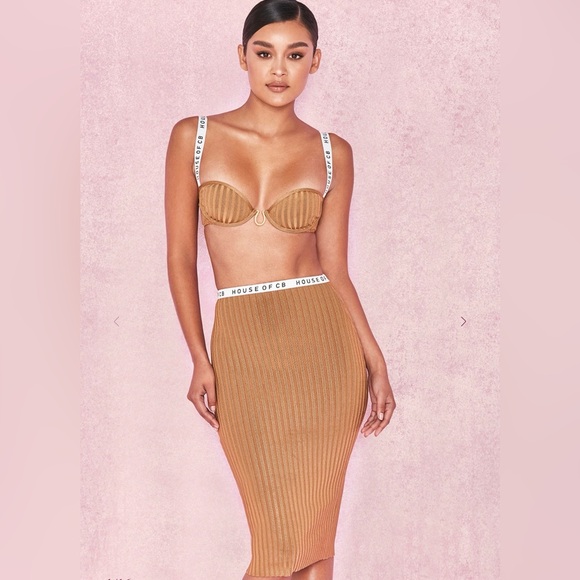 House of CB Dresses & Skirts - House of CB Mathilde Camel Tan Brown Ribbed Bandage Logo Pencil Skirt
